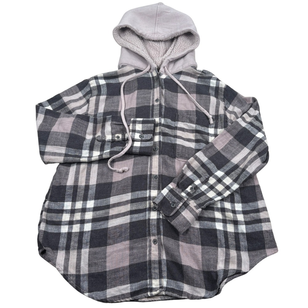 American Eagle Plaid Hooded Shirt Jacket Women Small Gray Flannel Grunge Shacket